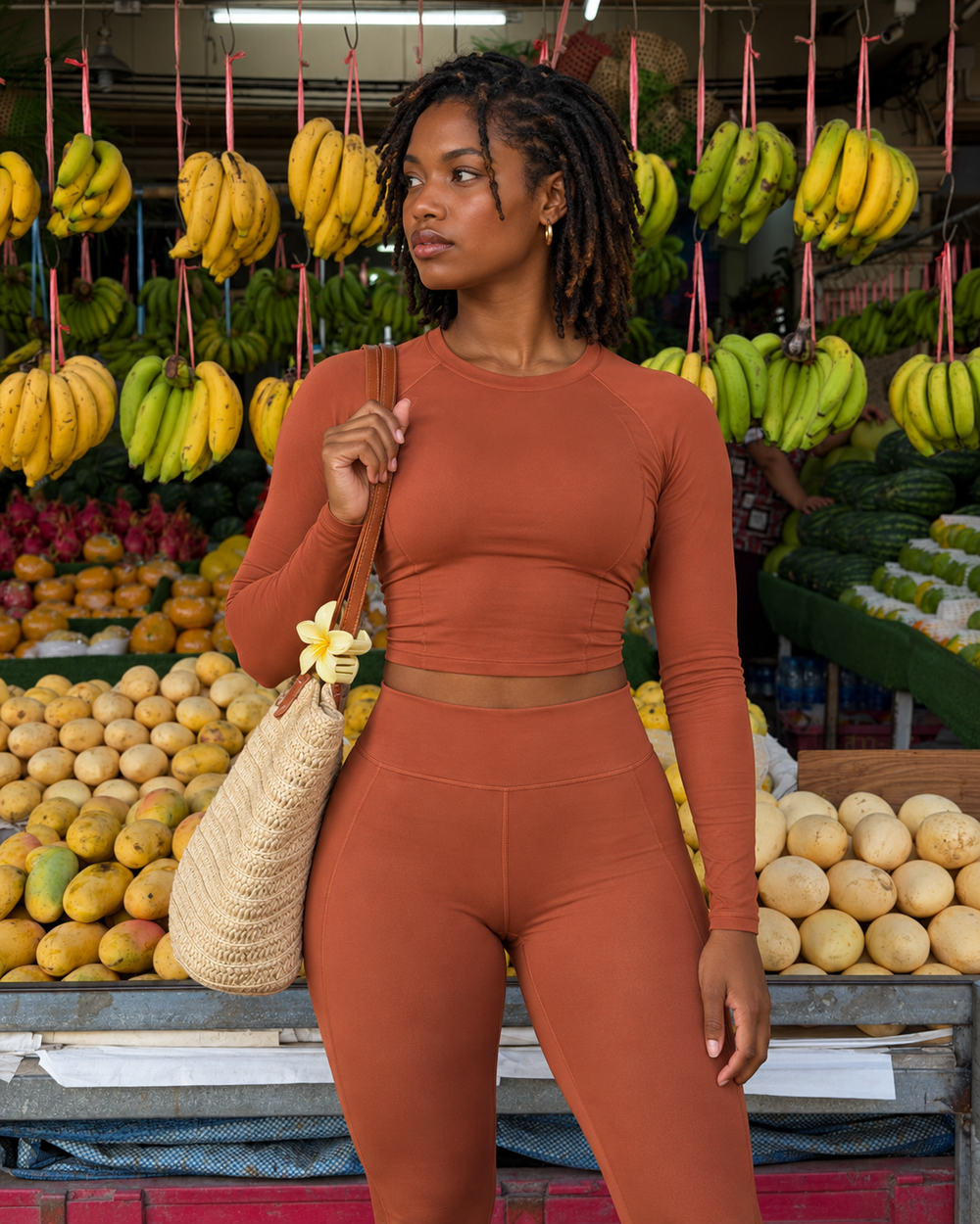 Nieuw AI-model bij een fruitmarkt in North Athletics-kleding